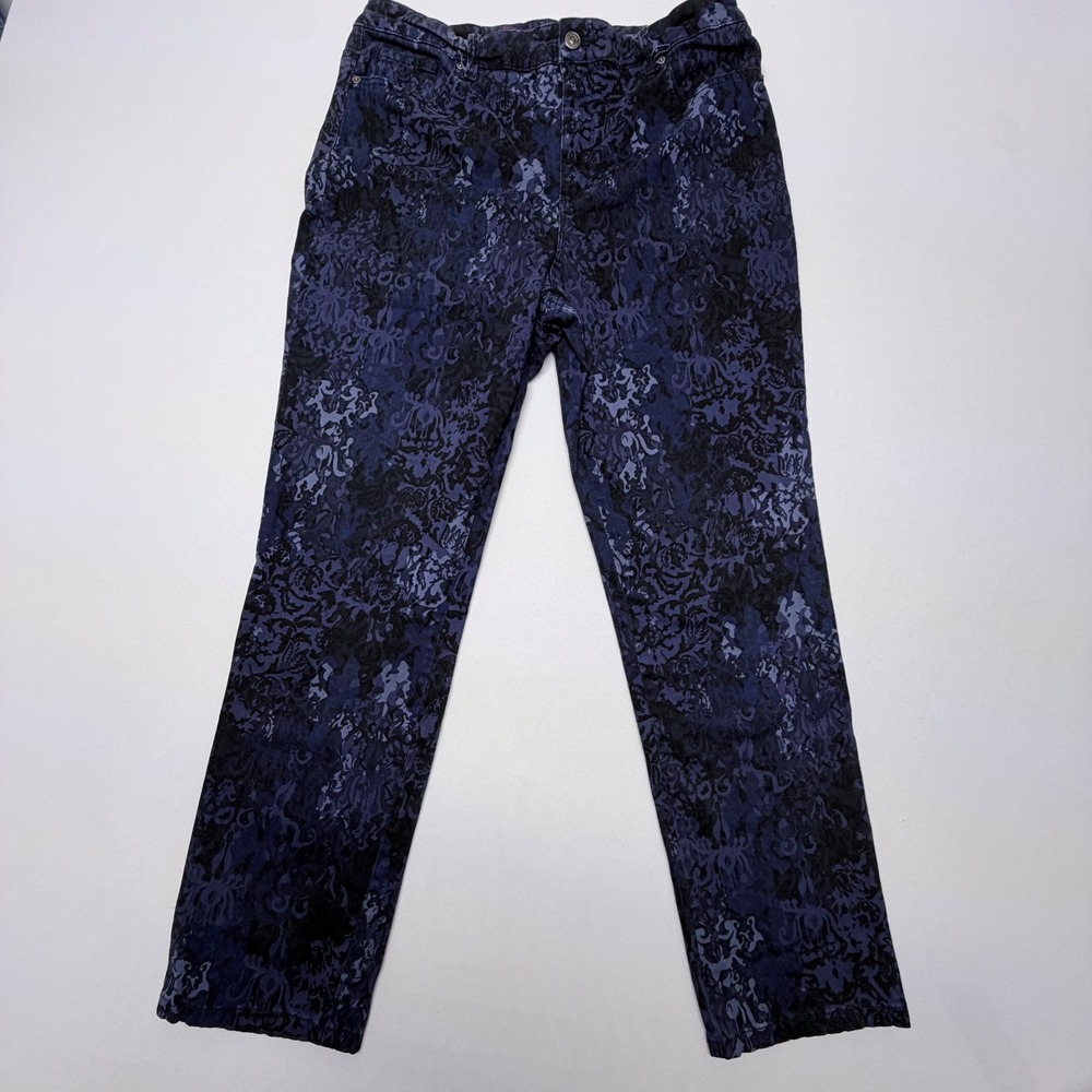 Gloria Vanderbilt Amanda 2.0 Slim Leg Pants Blue Black Damask Scroll Print 14